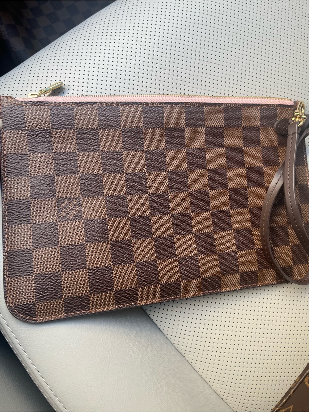 Louis Vuitton Brown Damier Wristlet with Pink Zipper